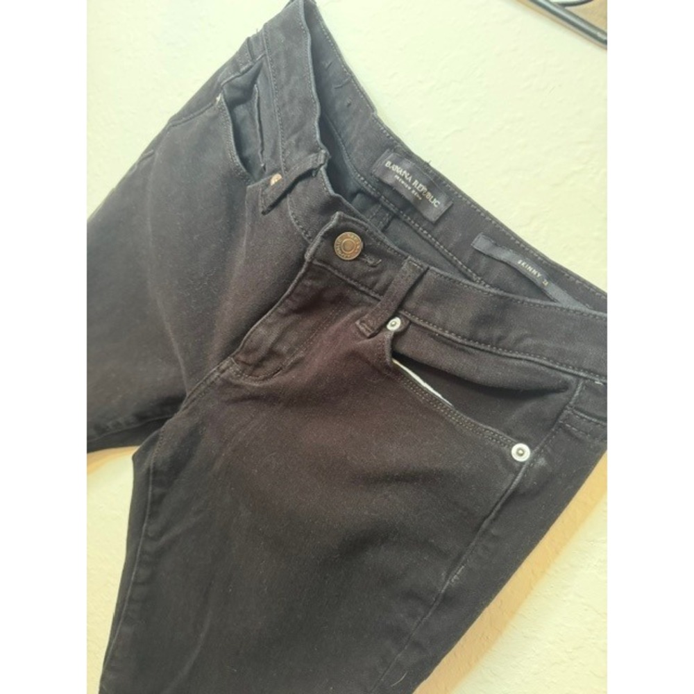 Banana Republic Premium Denim Skinny Jeans Black Distressed Knee Raw Hem 28